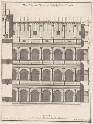 Parte dell’Ordini Esteriori dell’Anfiteatro Flavio (Aufriss der Außenfassade des Kolosseums im rekonstruierten antiken Zustand), Illustration für die Folge "L’anfiteatro Flavio, descritto e delineato dal cavaliere Carlo Fontana"