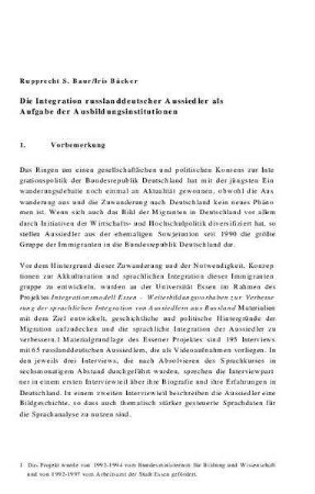 Die Integration russlanddeutscher Aussiedler als Aufgabe der Ausbildungsinstitutionen