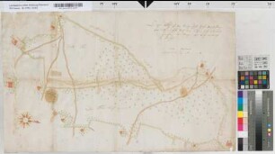 [Karte von dem Vluynschen Busch zwischen Haus Eyll und Dorf Vluyn, mit Schloß Bloemersheim, Haus Eyll, Theishof, Heisterhof und Kirschkampshof].