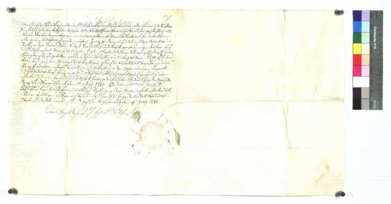 Clemens August, Administrator des Hochmeistertums in Preussen und Meister des Deutschen Ordens in deutschen und welschen Landen, bestätigt, daß Johannes Matthäus Ganz, Ordenspriester und Seminardirektor, dem Hospital zu Mergentheim 1.200 Gulden, wie in der wörtlich inserierten Urkunde niedergelegt, gestiftet hat.
