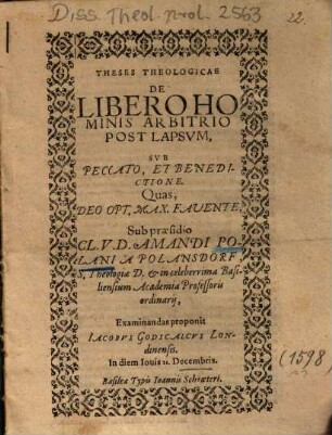 Theses Theologicae De Libero Hominis Arbitrio Post Lapsvm