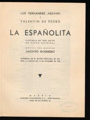 La Españolita : zarzuela en tres actos en verso original