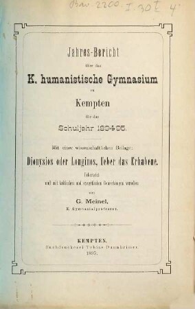 Jahresbericht über das Humanistische Gymnasium Kempten : für das Schuljahr ... 1894/95