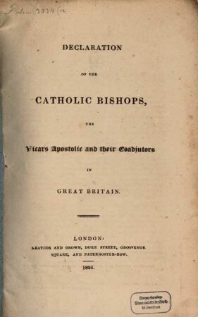 Declaration of the catholic bishops, the vicars apostolic