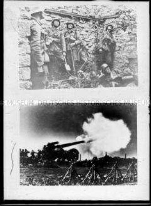 Soldaten in Deckung an einer Steinmauer (oben); Geschütz im Einsatz (unten), 2. Weltkrieg