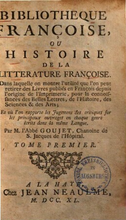 Bibliotheque Françoise : ou histoire de la litterature Françoise, 1/2.
