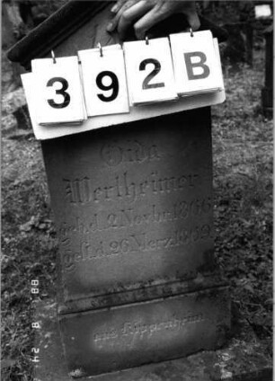 Grabstein 392 (Index: 100095426) Maße HxBxT: 110x39x29 cm Symbolik: Blumenkranz Besonderheit: Kindergrab: Grabstein 392B