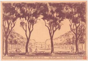 Bismarckplatz, Stolp: (Lichtpause von Inv.-Nr. 41113): Perspektivische Ansicht mit Blick über den Platz auf das Bismarckdenkmal, Stempel