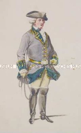 Mann mit grau-grüner Uniformjacke, Dreispitz und Stulpenstiefeln - Tafel aus Franceschini/Kostümbilder (Kassette 1)
