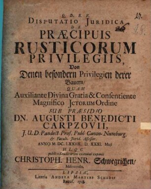 Diss. iur. de praecipuis rusticorum privilegiis, Von denen besondern Privilegien derer Bauern