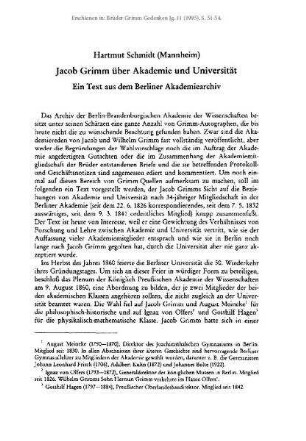 Jacob Grimm über Akademie und Universität. Ein Text aus dem Berliner Akademiearchiv