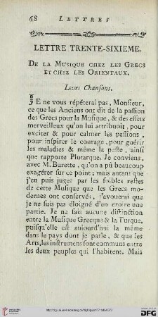 Lettre trente-sixième: De la musique chez les Grecs et chez les Orienteaux. Leurs chansons