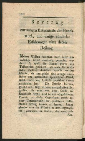Beytrag zur nähern Erkenntniss der Hundswuth, und einige nützliche Erfahrungen über deren Heilung.