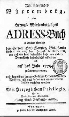 1775: Württembergisches Adressbuch, 1775