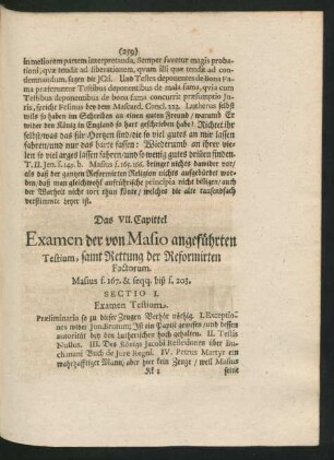Das VII. Capittel. Exmane der von Masio angeführten Testium, samt Rettung der Reformirten Factorum.