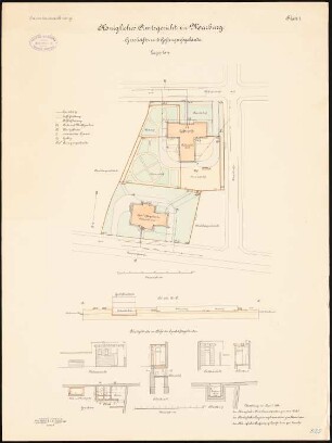 Amtsgericht, Marburg: Lageplan 1:500; Abort: Grundriss, Aufriss Vorderansicht und Seitenansicht, Längsschnitt, Querschnitt 1:100