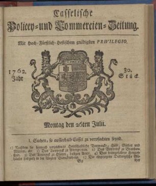 30. Stueck, Montag den 26ten Julii 1762