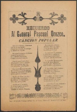 Recuerdo al General Pascual Orozco : canción popular