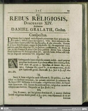 De Rebus Religiosis, Discursus XIV. Defendens Daniel Gralath, Gedan.
