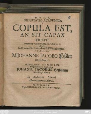 Dissertatio Academica De Copula Est, An Sit Capax Tropi? : Opposita potissimum Danieli Chamiero