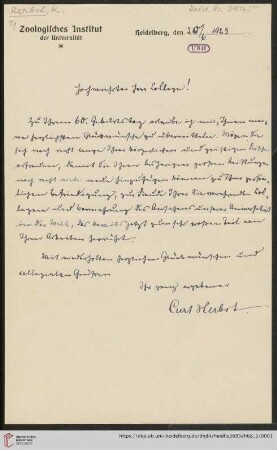 Briefe von Curt Herbst an Max Wolf: Brief von Curt Herbst von Zoologisches Institut (Heidelberg, 1) an Max Wolf
