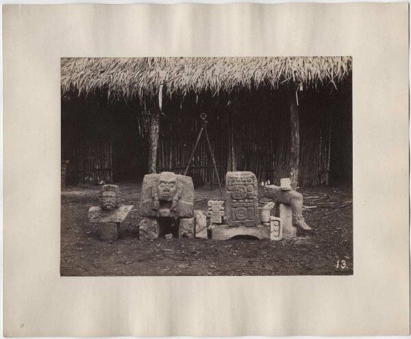 Several sculptures or fragments. They were found in front of the expedition house during the expedition and later came to the Peabody Museum.