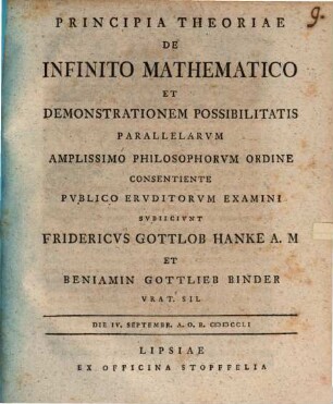 Principia theoriae de infinito mathematico et demonstrationem possibilitatis parallelarum