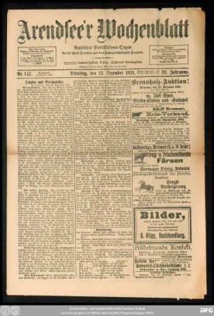 Arendsee'r Wochenblatt, Nr. 147. Dienstag, den 13. Dezember 1921.