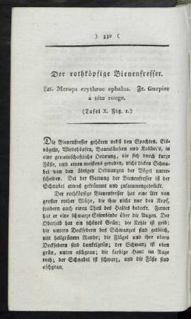 Tafel X. Fig. 1. Der rothköpfige Bienenfresser Fig. 2. Der bomingische Kardinal Fig. 3. Die Wandertaube Fig. 4. Die Turteltaube Fig. 5. Die Fasanente. Der Pfeilschwanz