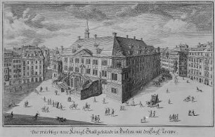 Das prächtige Königl. Stallgebäude in Dresden mit der Engl. Treppe : Dresden, Jüdenhof, Ansicht des Stallgebäudes, heute Johanneum, mit der zweiläufigen Freitreppe