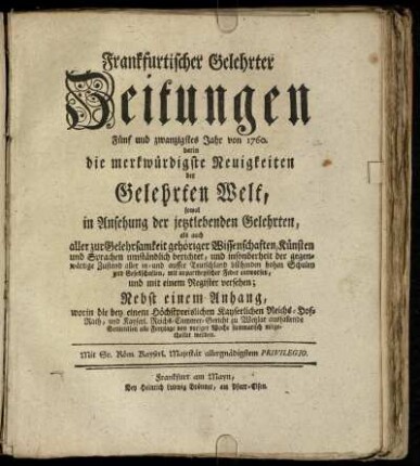 25: Frankfurtischer gelehrter Zeitungen Fünf und zwanzigstes Jahr