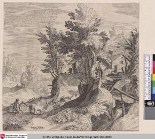 [Landschaft mit zwei Hirten, im Hintergrund eine Herberge; Farmer and his Wife Driving Two Bulls and a Herd of Sheep; Landschap met twee herders en een kudde]
