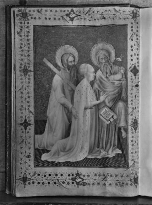 Ms 11060-61, Stundenbuch des Duc de Berry, fol. 10 und fol. 11, Doppelseite: Anbetung der Muttergottes durch den Herzog, mit den Heiligen Johannes dem Täufer und Andreas