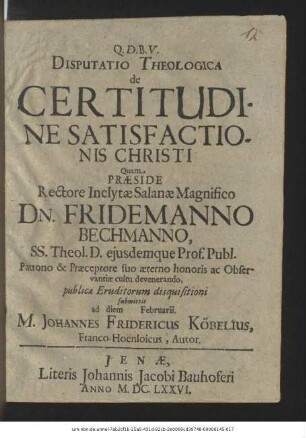 Disputatio Theologica de Certitudine Satisfactionis Christi
