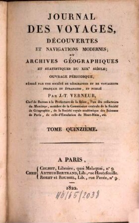 Journal des voyages, decouvertes et navigations modernes : ou archives géographiques et statistiques du 19. siècle, 15. 1822