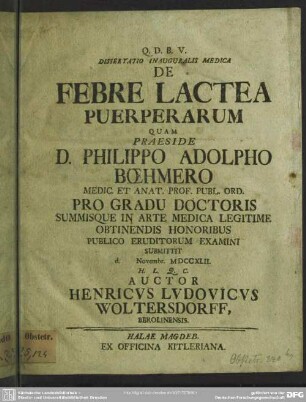 Dissertatio Inauguralis Medica De Febre Lactea Puerperarum