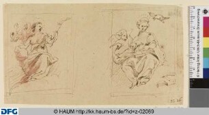 Zwei allegorische Frauenfiguren: Allegorie der Geschichtsschreibung und Allegorie der Aufklärung