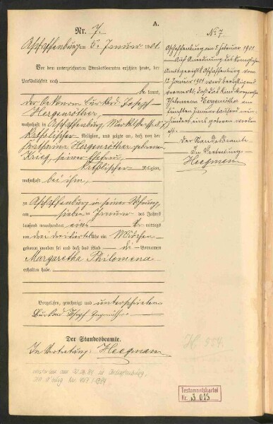 Standesamtsbuch der Stadt Aschaffenburg: Geburten 365/1900 - 184/1901