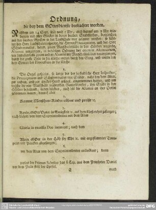 Ordnung, die bey dem Gottesdienste beobachtet worden