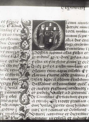 Galen mit Apotheker in einem Arzneikeller. Initiale mit Binnenzeichnung, Arabeske und Text
