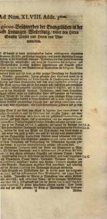 Ad Num. XLVIII. Addit. 3tium. Die Religions-Beschwerden der Evangelischen in der Graffschafft Leiningen-Westerburg, wider den Herrn Grafen Wieser und Herrn von Blumencron