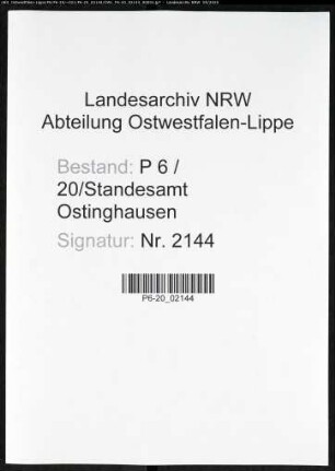 Sterberegister Standesamt Ostinghausen
