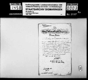 Emeringen: Verwandlung der Landgarbe in eine ständige Gült, 1838; Ablösung von Grundzinsen, 1823; Schuldforderungssache an den Baron von Speth in Hettingen, 1823