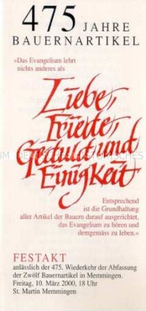 Programm zum Festakt anlässlich der 475. Wiederkehr der Abfassung der Zwölf Bauernartikel in Memmingen, handsigniert von Bundespräsident Johannes Rau