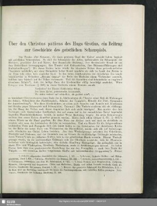 Über den Christus patiens des Hugo Grotius : ein Beitrag zur Geschichte des geistlichen Schauspiels
