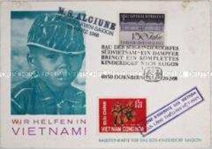 Erinnerungspostkarte aus Österreich mit 2 Briefmarken und 2 Sonderstempeln zum Unterstützung des Aufbaus eines SOS-Kinderdorfes in Südvietnam