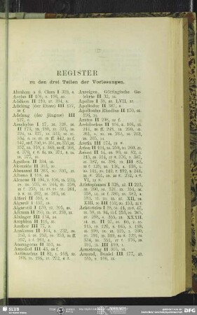 Register zu den drei Teilen der Vorlesungen