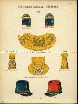 Uniformdarstellung, Detailstudien von Hüten, Abzeichen, Schärpentroddeln und Degenverzierung es Generalfeldmarschalls, Frankreich, 1836, Dienstmützen der Polizei, Frankreich 1844/1852.