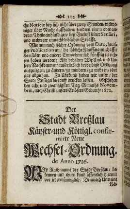 Der Stadt Breßlau Käyser- und Königl. confirmirte Neue Wechsel- Ordnung.