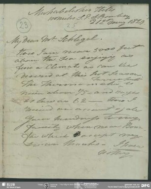 Eigenh. Brief von John Malcolm an August Wilhelm von Schlegel, Bombay, 21.05.1829